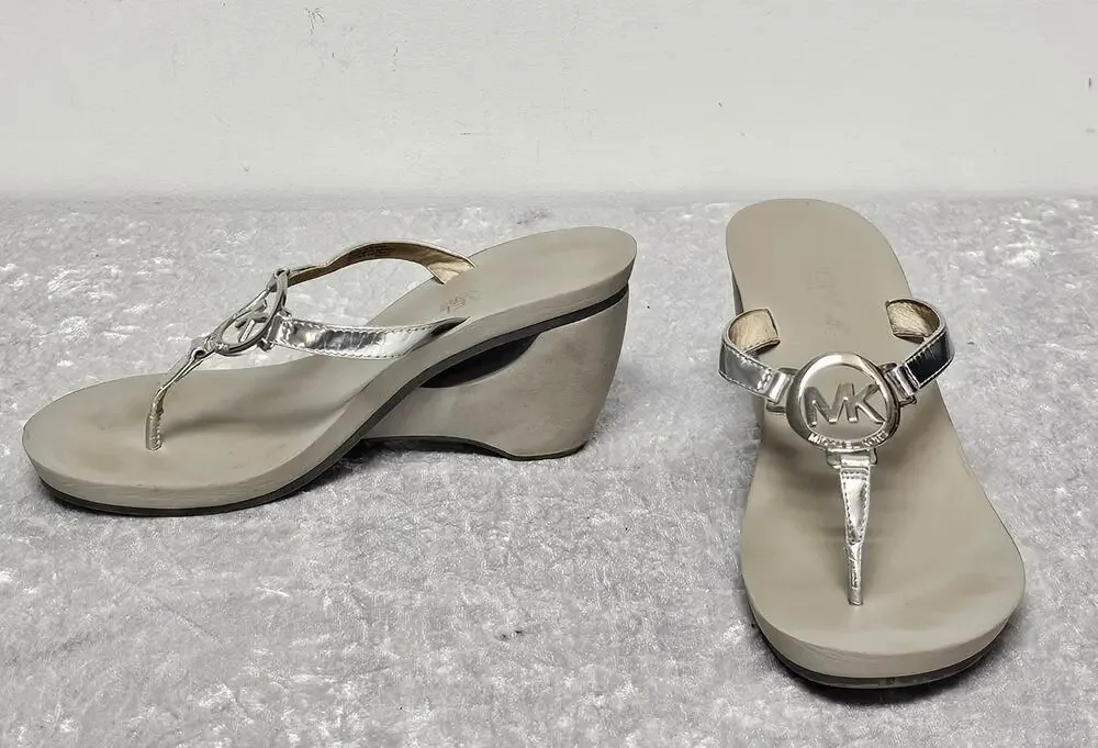 Michael Kors Warren Women Metallic T-Strap Thong Wedge Sandals-Size 7M